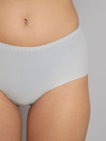 "Grey seamless hipster panties with medium rise and full coverage, designed to eliminate panty lines. REVOUE Invisible Panty Line Seamless Laser Cut."