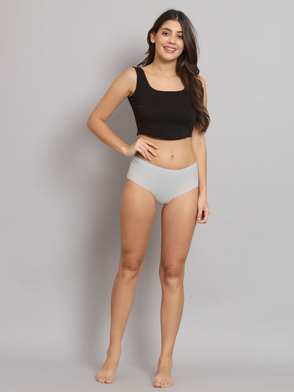 "Grey seamless hipster panties with medium rise and full coverage, designed to eliminate panty lines. REVOUE Invisible Panty Line Seamless Laser Cut."