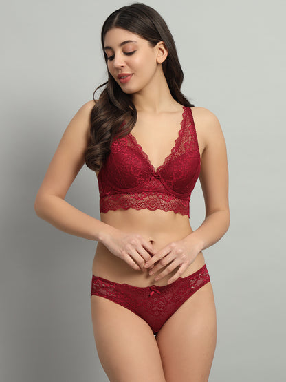 REVOUE Front Wide Lingerie Set Burgundy Color