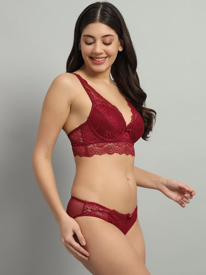 REVOUE Front Wide Lingerie Set Burgundy Color