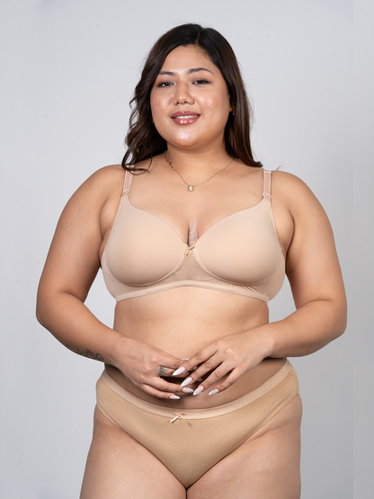 REVOUE Premium Padded Wirefree Full Coverage Nude T-shirt Bra and Nude Seamless Bikini Panty Combo