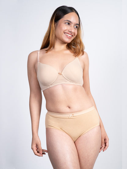 Revoue Premium Padded Wirefree Full Coverage Nude T-shirt Bra and Beige Hipster Panty Combo