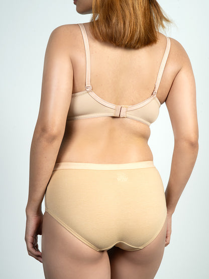 Revoue Premium Padded Wirefree Full Coverage Nude T-shirt Bra and Beige Hipster Panty Combo