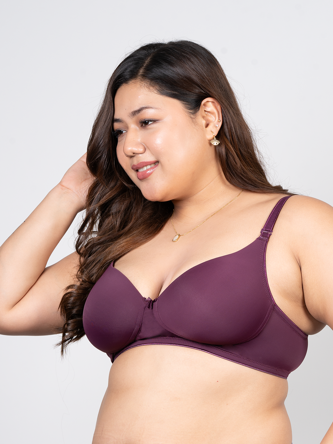 REVOUE Premium Padded Wirefree Full Coverage Wine T-shirt Bra and Grey Seamless Hipster Panty Combo