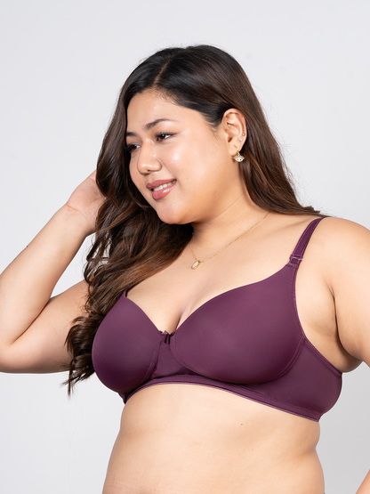 REVOUE Premium Padded Wirefree Full Coverage Wine T-shirt Bra and Wine Seamless Hipster Panty Combo