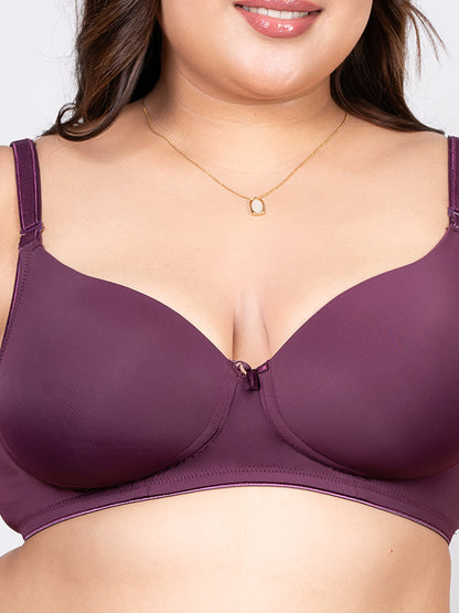 REVOUE Premium Padded Wirefree Full Coverage Wine T-shirt Bra and Grey Seamless Hipster Panty Combo