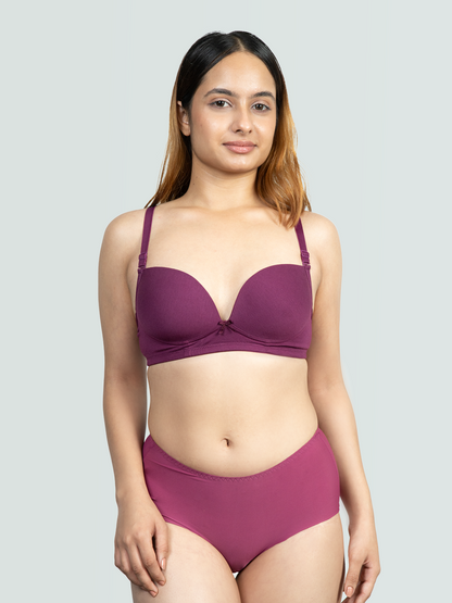 REVOUE Comfy Padded Wirefree Low Coverage Wine T-shirt Bra and Wine Seamless Hipster Panty Combo