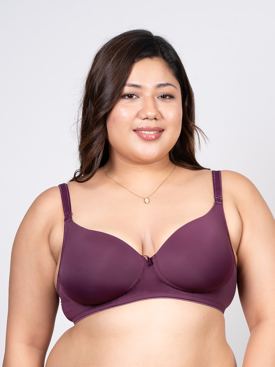 REVOUE Premium Padded Wirefree Full Coverage Wine T-shirt Bra and Grey Seamless Hipster Panty Combo