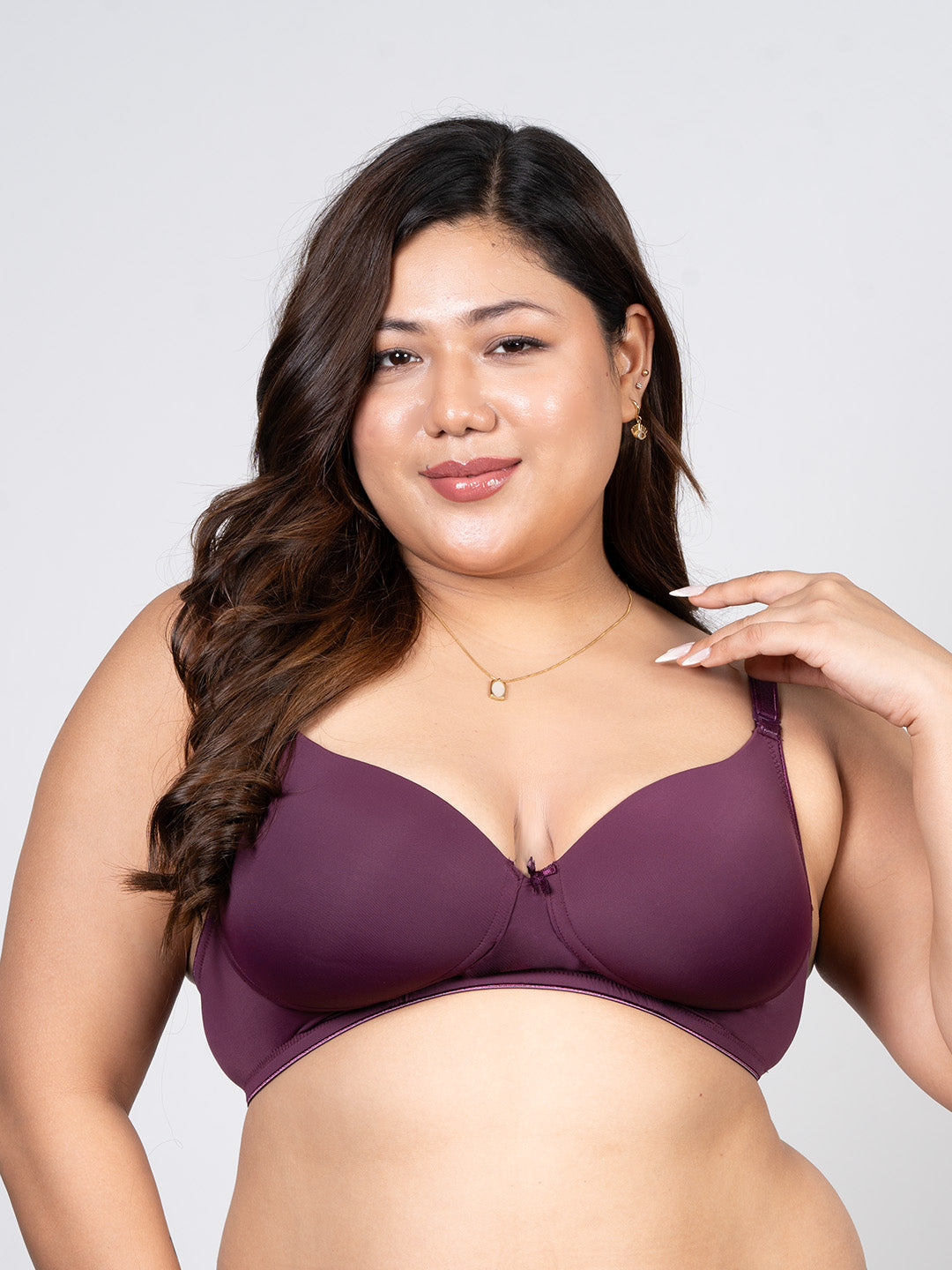 REVOUE Premium Padded Wirefree Full Coverage Wine T-shirt Bra and Grey Seamless Hipster Panty Combo