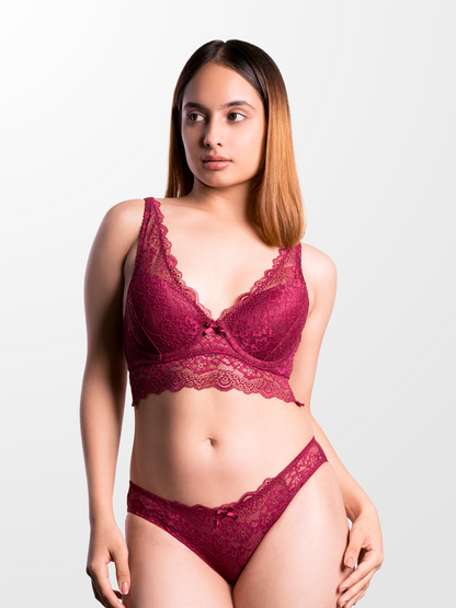 REVOUE Premium sexy burgundy lingerie set (laced double layered padded wired full-cup bralette & low waist bikini panty)