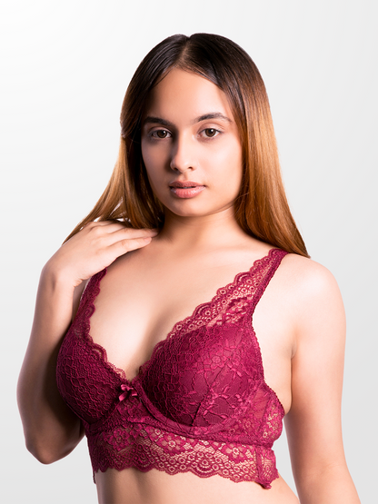 REVOUE Premium sexy burgundy lingerie set (laced double layered padded wired full-cup bralette & low waist bikini panty)