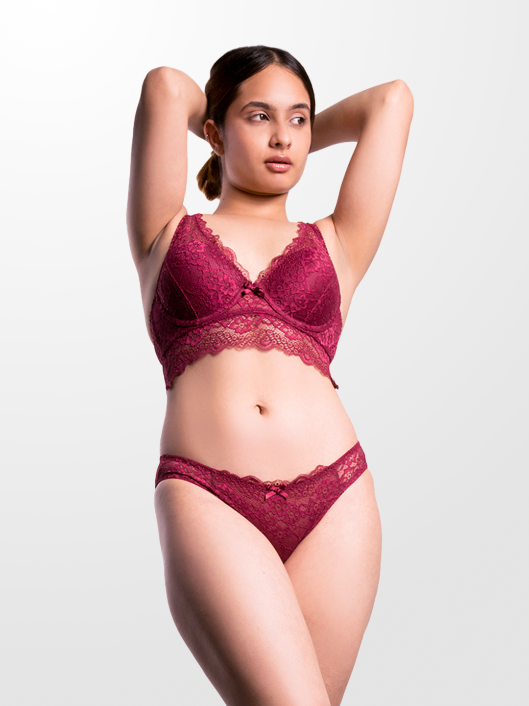 REVOUE Premium sexy burgundy lingerie set (laced double layered padded wired full-cup bralette & low waist bikini panty)